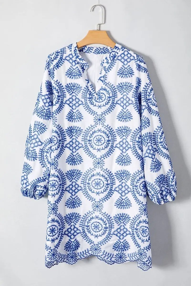 Blue Boho Floral Embroidered Notch V Neck Shift Mini Dress - Love Salve